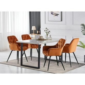 Ainpecca Ainpecca - 1.5M White Dining Table and Velvet Chairs 4 Set Padded Chairs Home Kitchen(1 TABLE+4 orange chairs)