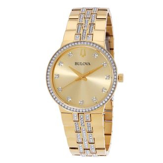 Bulova Crystal Quartz Champagne Dial Mens Watch and Cross Pendant Necklace Box Set 98K113