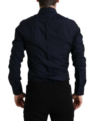 Dolce & Gabbana Mens Navy Blue Slim Fit Formal Gold Dress Shirt Cotton
