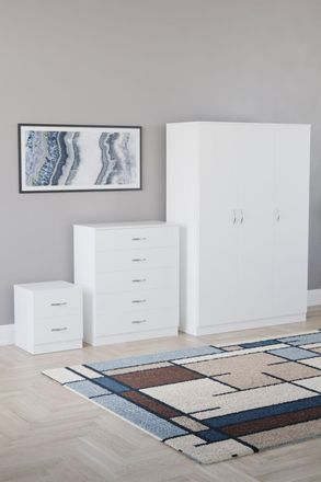 Home Discount Riano 3Pc Bedroom Set - 2 Drawer Bedside, 5 Drawer Chest & Wardrobe in White