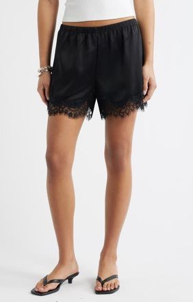 Open Edit Lace Trim Satin Shorts in Black at Nordstrom, Size Xx-Small
