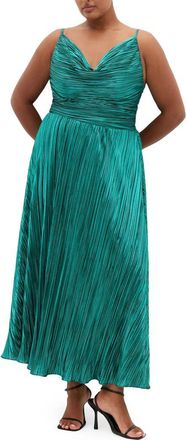 City Chic Kamila Pliss&eacute; Metallic Sleeveless Maxi Dress in Emerald at Nordstrom, Size Xxxs