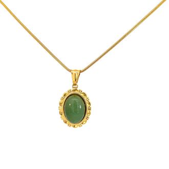 Savvy Cie Jewels GOLD PLATED OVAL GREEN AVENTURINE PENDANT WITH SNAKE CHAIN