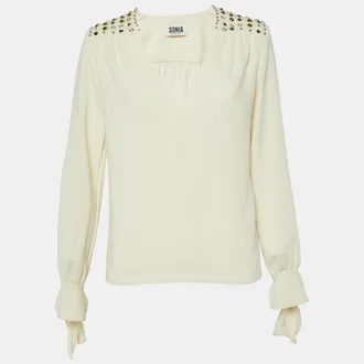 Sonia Rykiel Sonia By Sonia Rykiel Cream Crepe Embellished V-Neck Top