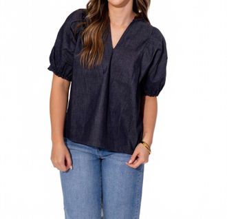 THML Clothing Split Neck Suede Ruffle Denim Top In Navy