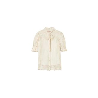 Twinset Blouses, female, Beige, Size: 2XL Camicia in pizzo con fiocco