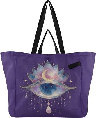 Generic Moon Eye Stars Purple pattern Reusable Canvas Tote Bag, Heavy Duty Grocery Shopping Bag with Hard Bottom Large Capacity Double Handles Work Groceries 