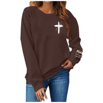 Generic Christian Sweatshirt for Women Casual Pullover Letter Print Crew-Neck T-Shirt Long Sleeve Tunic Tops Lightweight Comfy Sweatshirt Brown