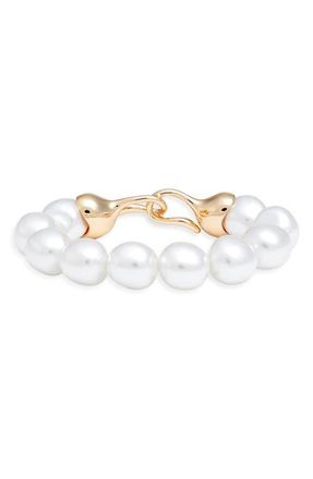 Open Edit Faux Pearl Stretch Bracelet in White- Gold at Nordstrom