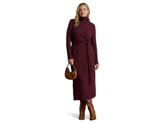 Lauren Ralph Lauren Plus Size Tie-Front Turtleneck Dress Womens Dress Dark Garnet : 1X, Cotton/Elastane/Modal