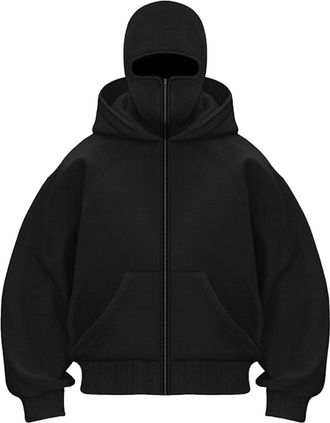 Generic Mens FullZip Sports Hoodie with Balaclava Mask, Hood Track Style Jacket With Pocket,Warm Fleece Coats for Winter Outdoor Sports Jackets For Cycling Ru