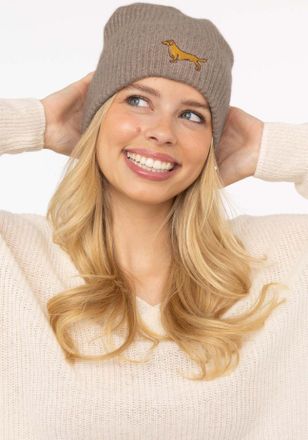 Zwillingsherz Beanie ZWILLINGSHERZ Dog-Patch, Damen, beige (mittelbeige), Strick, Obermaterial: 100% Kaschmir, M&uuml;tzen Beanie, mit niedlichem Dackelmotiv