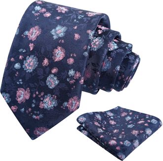 Alizeal Mens 8cm Floral Printed Wedding Party Classic Colorful Necktie with Hanky Set, Navy Blue+Pink