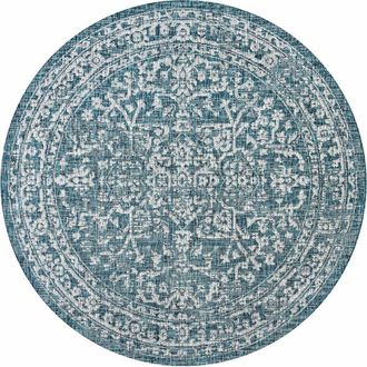 Jonathan Y Designs Malta Bohemian Medallion Textured Weave Indoor/Outdoor Round Area Rug in Teal/gray at Nordstrom, Size 5Ft 0In X 5Ft 0In