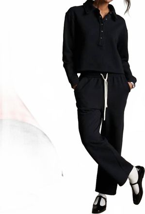 perfectwhitetee Vinny Fleece Henley Top In True Black