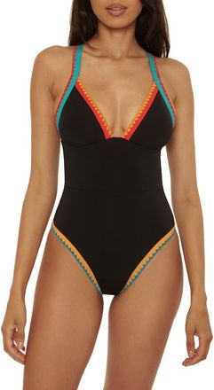 Lucky Brand Avila Embroidered Trim Colorblock Binding One-Piece Swimsuit in Black at Nordstrom, Size Medium