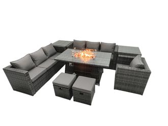Fimous Rattan Garden Furniture Firepit Dining Set 9 Seater Lounge Sofa Table Set with 2 Side Table 2 Footstool in Dark Grey