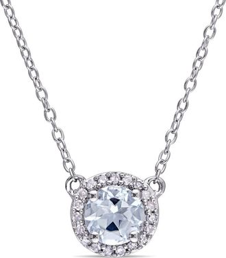 Amour 1/10 CT TW Diamond and Aquamarine Halo Necklace In Sterling Silver