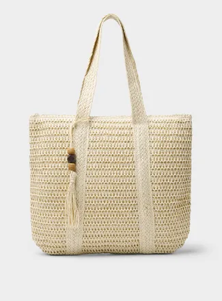 Simons Womens XL braided straw tassel-charm tote bag