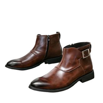 Generic Mens Patent Leather Casual Short Boots Flat Heel Ankle Boots with Side Zipper Round Toe Formal Boot with Buckle,Brown,6.5 UK