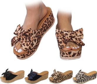 Generic Slide Sandals for Women Plus Size Bow-Knot Platform Wedge Sandals Summer Dressy Outdoor Beach Sandal Plus Size Open Toe Non-Slip Walking Slippers (Bro