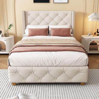 C&A Beige Upholstered Single Bed(3ft,90x190cm)with Slatted Frame,Headboard,and Wooden Legs