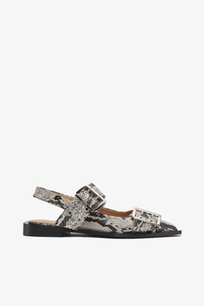 Ganni Snake Printed Chunky Buckle Ballerinas - Size 10 Beige