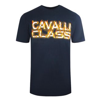 Cavalli Marineblauw T-shirt met Cavalli-klasse vlammend logo