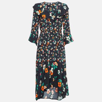 Maje Black Floral Print Crepe Ruffled Midi Dress