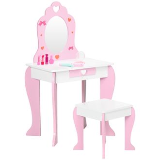 OEM Tocador De Madera Infantil Con Taburete Y Espejo Centro De Belleza Con 1 Caj&oacute;n Para 3-6 A&ntilde;os 50x36,5x89,5cm Rosa