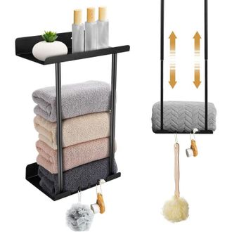 OEM Toallero Regulable En Altura Con Estante Y Gancho, De 38 A 75 Cm, No Requiere Taladrar, Color Negro -crezuo