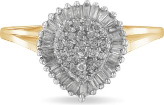 House of Brilliance 10K Yellow Gold 1/2 Cttw Round & Baguette Cut Diamond Pear Shaped Domed Pavé Cluster with Halo Cocktail Ring