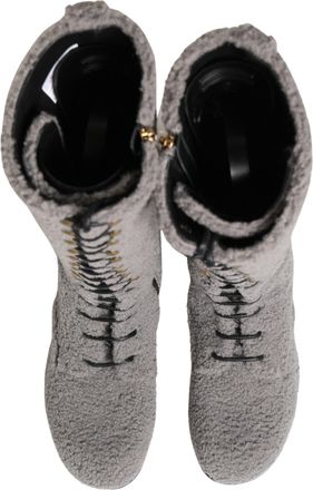 Dolce & Gabbana Mens Gray Shearling Lace Up Knee High Boots Shoes Riccio
