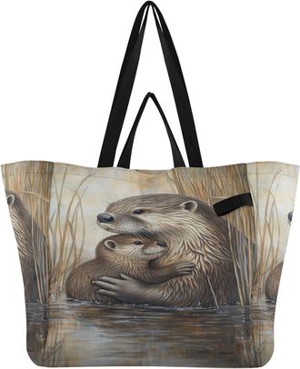 Generic Otter Beige print Reusable Canvas Tote Bag, Heavy Duty Grocery Shopping Bag with Double Handles Hard Bottom Large Capacity Work Groceries Travel