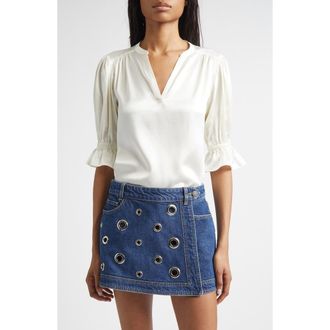 Cinq &agrave; Sept Fiona Split Neck Silk Top in Ivory at Nordstrom, Size Xx-Small