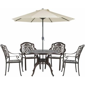 Beliani Set da Pranzo da Giardino Tavolo 4 Sedie e ombrellone Alluminio Marrone Salento