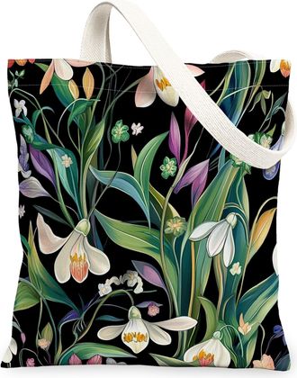 Generic Spring Snowdrops Flower Canvas Tote Bag for Shopping 13x15, Vintage Retro Florals Reusable Grocery Print Pattern Bag for Women, Fun Aesthetic Beach Ae