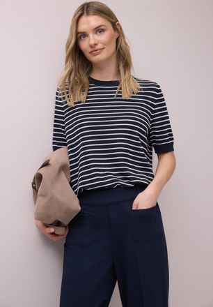 Street One Kurzarmpullover STREET ONE, Damen, Gr. 36, shadowed navy, Strick, Obermaterial: 60% Viskose, 40% Baumwolle, gestreift, normal h&uuml;ftbedeckend, Rundhals,