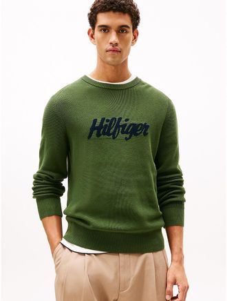 Tommy Hilfiger Mens Intarsia Hilfiger Script Logo Sweater - Green - L