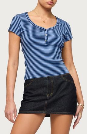 Edikted Kady Stripe Short Sleeve Henley Top in Blue-And-Navy at Nordstrom, Size X-Large