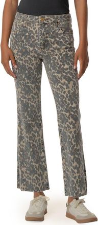 Kut from the Kloth Kelsey Print Raw Hem High Waist Ankle Flare Jeans in Tan/brown at Nordstrom, Size 16