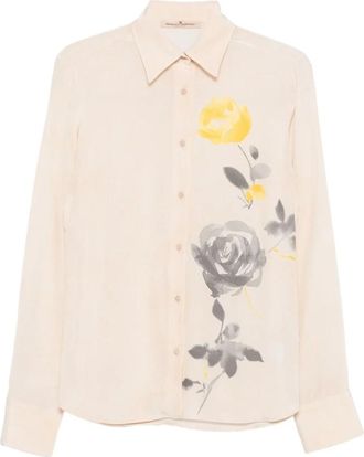 Ermanno Scervino Zijden Blouse met Bloemendruk - Dames - Overhemden - Beige - M - Overhemden