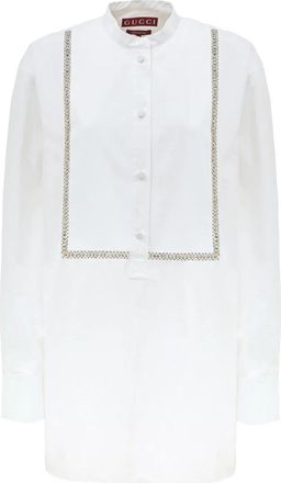 Gucci Witte Katoenen Popeline Blouse met Kristaldecoraties - Dames - Korte kleedjes - Wit - L - Katoen - Kleedjes