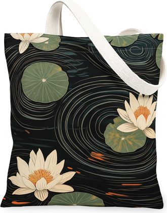 Generic Spring Water Lily Canvas Tote Bag for Shopping 13x15, Aesthetic Vintage Lotus Leaves Reusable Grocery Print Pattern Bag for Women, Retro Beach Aesthet