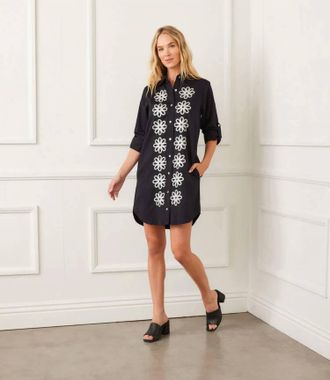 Karen Kane Reese Roll Tab Embroidered Mini Shirtdress In Black And Cream