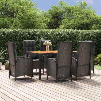 vidaXL Set De Comedor De Jard&iacute;n 7 Pzas Y Cojines Rat&aacute;n Sint&eacute;tico Negro Vidaxl