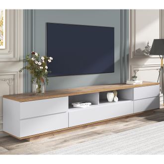 Merax Mobile Tv Moderno Lucido, Mobile Tv 180 Cm Con Ampio Vano Portaoggetti E Design Bicolore, Ante Con Funzione Soft-close, Rovere+bianco