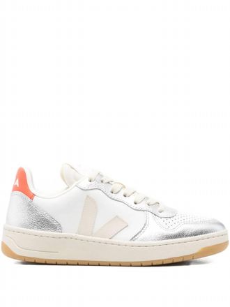 Veja Womens V-10 Leather Sneakers In White Pierre Silver