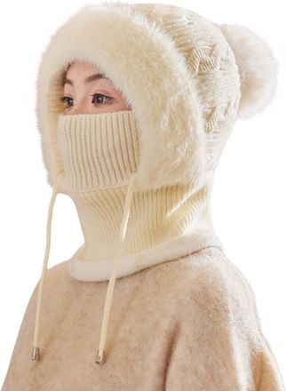 Generic Winter Warm Knitted Cap Neck Warmer Sets, Windproof Scarf Hat, Womens 3-in-1 Winter Balaclava, Knitted Beanie Hat with Neck Warmer and Face Cover for 