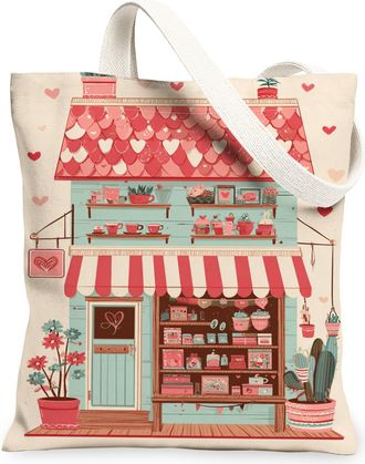 Generic Vintage Playful Canvas Tote Bags, Cute House Design Pattern Reusable Grocery Bags, Lightweight Washable Shoulder Strap Canv, Beige, 13x15 Inch